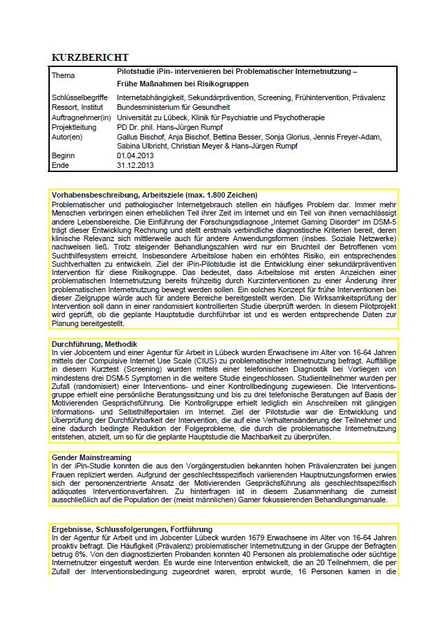 Pilotstudie IPin- Intervenieren Bei Problematischer Internetnutzung ...