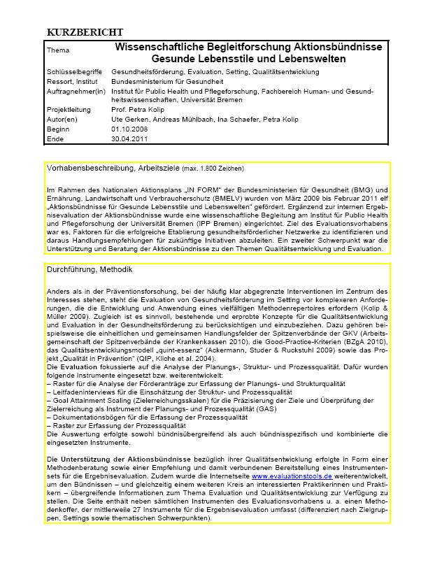 Wissenschaftliche Begleitforschung Aktionsbündnisse Gesunde Lebensstile ...